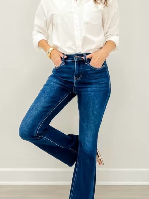 Lovervet Main Character High-Rise Raw Hem Bootcut Jeans In Deep Indigo